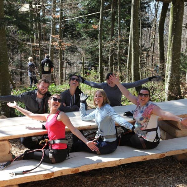 a group of people sitting at a picnic table