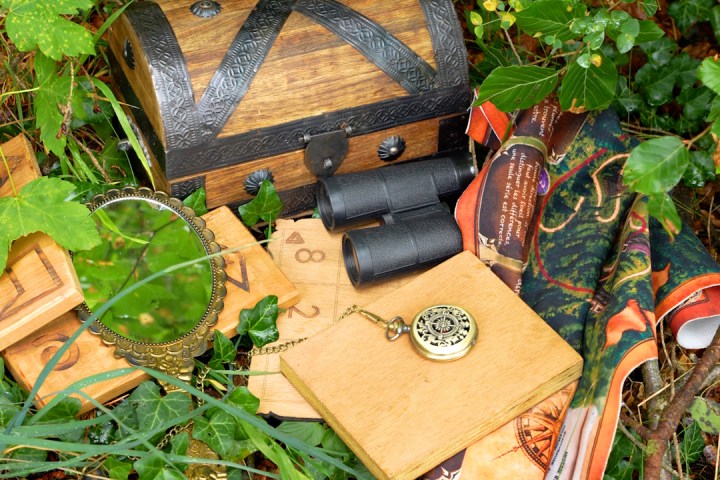 Wooden chest, compass, and books among green leaves and branches.